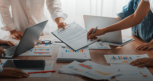 Business documents and financial charts